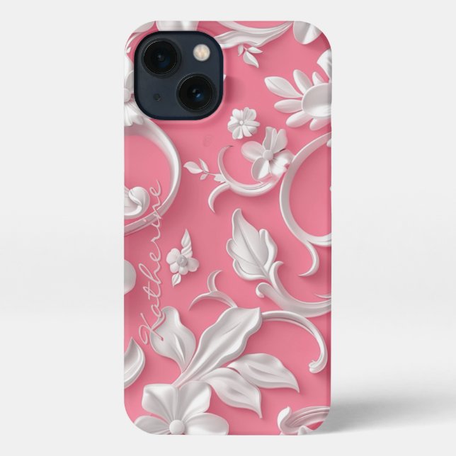 Coque iPhone Custom Pink Floral iPhone Case| Cute| Pink & White (Verso)