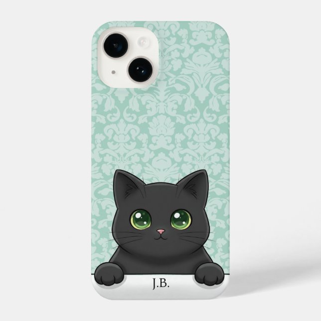 Coque iPhone Cute Black Cat Peeking Kawaii Cartoon Mint Damask (Verso)