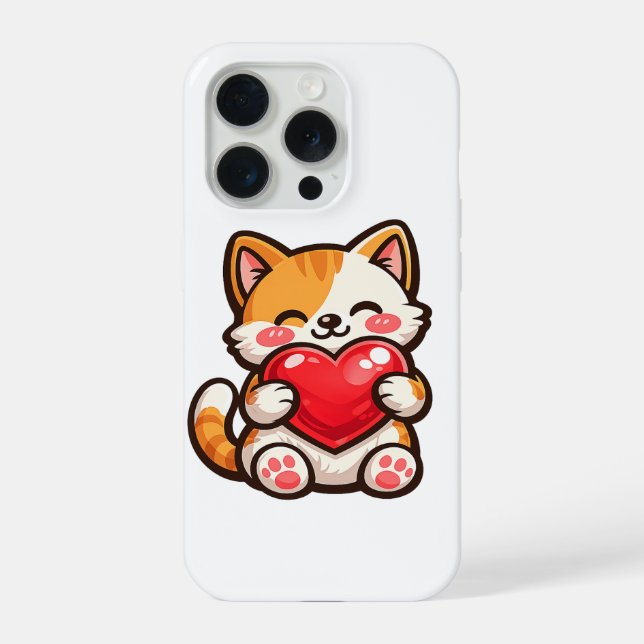 Coque iPhone Cute Cat Heart – Kawaii Cat Hugging Red Heart, Cut (Verso)