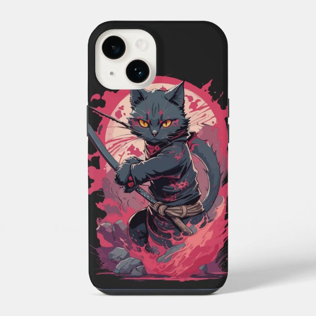 Coque iPhone Cute Fire Splash Noir Ninja Chat Guerrier (Verso)
