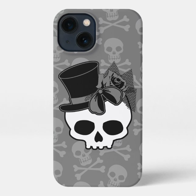 Coque iPhone Cute Goth Crâne avec Rose de chapeau supérieur (Verso)