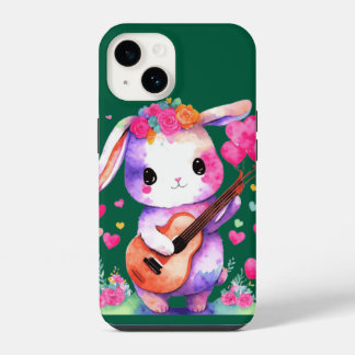 Coque Pour iPhone 14 Cute lapin prier guitare avec les coeurs et les fl
