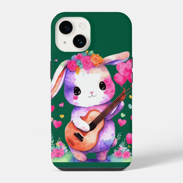 Coque iPhone Cute lapin prier guitare avec les coeurs et les fl (Verso)