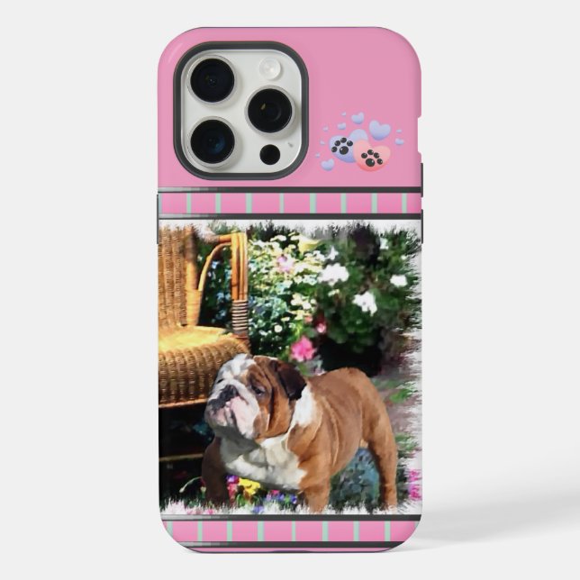 Coque iPhone Cute rose moderne anglais Buldog Chien Art (Verso)