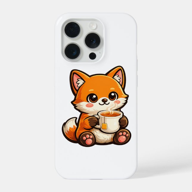 Coque iPhone Cute Tea Fox Illustration – Cozy Fox Drinking Tea (Verso)