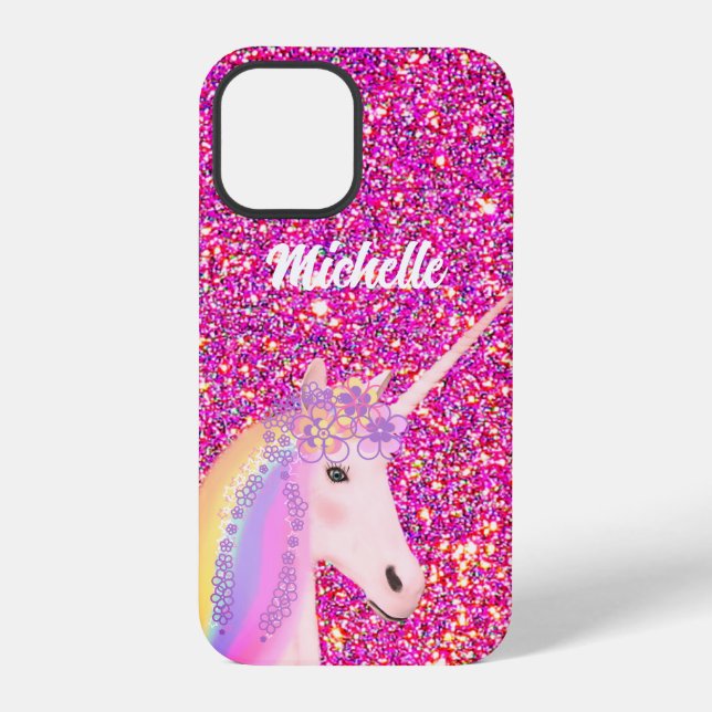 Coque iPhone Cute Unicorn Parties scintillant rose Personnalisé (Verso)