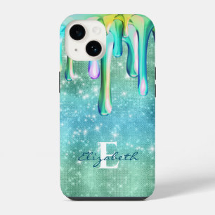 Coque Pour iPhone 14 Cute Unicorn Turquoise parties scintillant gouttes