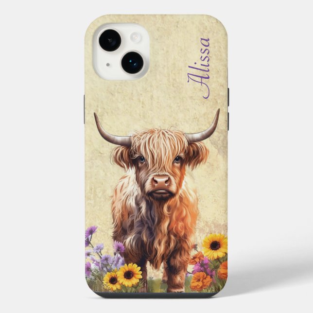 Coque iPhone Cute vache Highland avec nom (Verso)