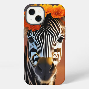Etui iPhone 13 Cute Zebra portant des fleurs orange