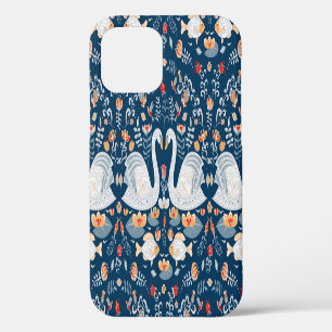 Coque iPhone 12 Cygnes, poissons, fleurs, motif folklorique.