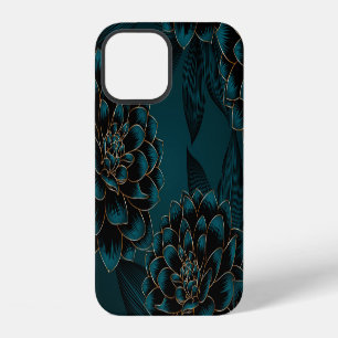 Coque iPhone 12 Dahlias dorés : motif vintage luxueux.