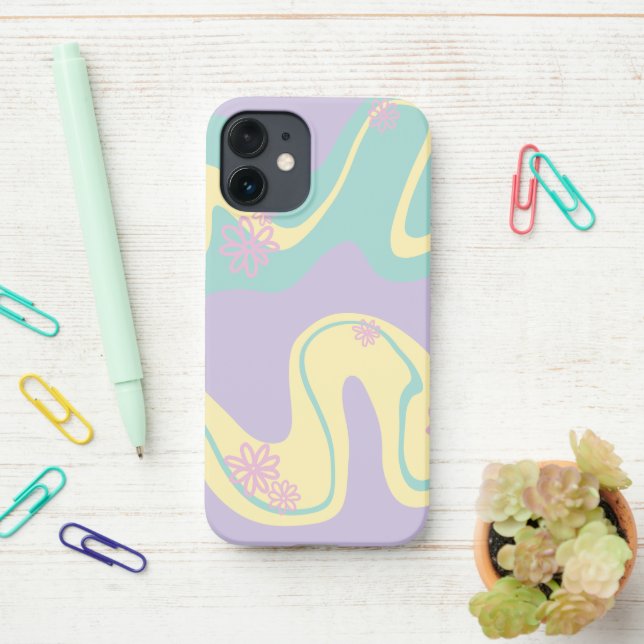 Coque iPhone Daisy Groove Pastel Rose, Jaune, Violet & Vert (Sur le bureau)