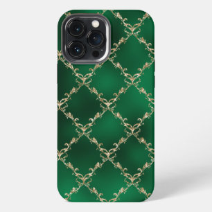 Etui iPhone 13 Pro Max Damask doré métallisé vert élégant