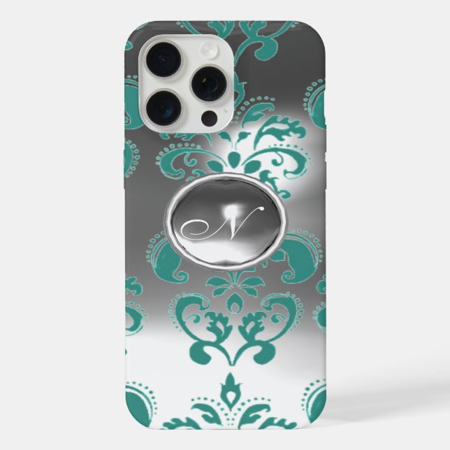 Coque iPhone DAMASK GEM MONOGRAM bleu blanc (Verso)