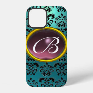 Coque iPhone 12 DAMASK GEM MONOGRAM bleu violet