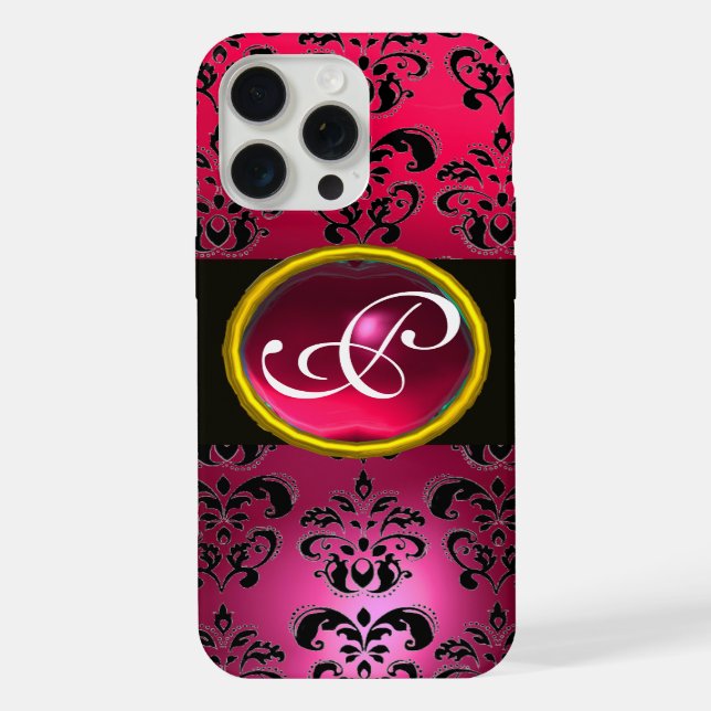 Coque iPhone DAMASK GEM MONOGRAM Rose Rouge Rubis (Verso)