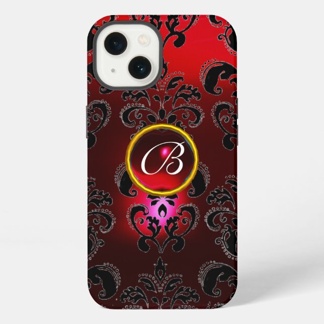 Coque iPhone DAMASK GEM MONOGRAM Rouge Bourgogne Noir (Verso)