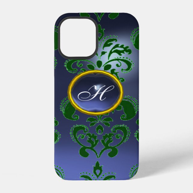 Coque iPhone DAMASK GEM MONOGRAMME vert violet foncé (Verso)