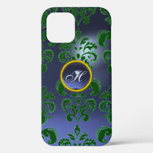 Coque iPhone 12 DAMASK GEM MONOGRAS vert pourpre foncé