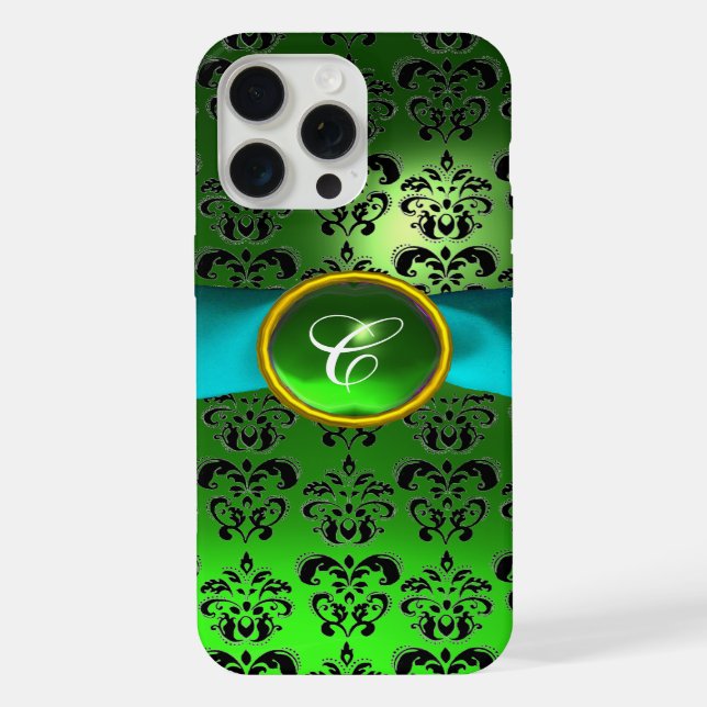 Coque iPhone DAMASK GIRLY MONOGRAM vert aqua bleu ruban (Verso)