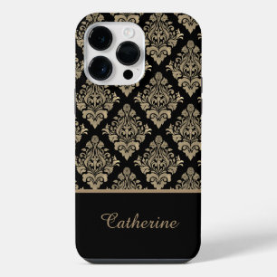 Coque Pour Pour iPhone 14 Pro Max Damask Noir Or Tourbillon Nom Personnalisé