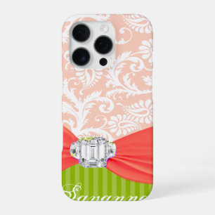 Coque iPhone 16 Pro Damask personnalisé faux strass Lime et Corail