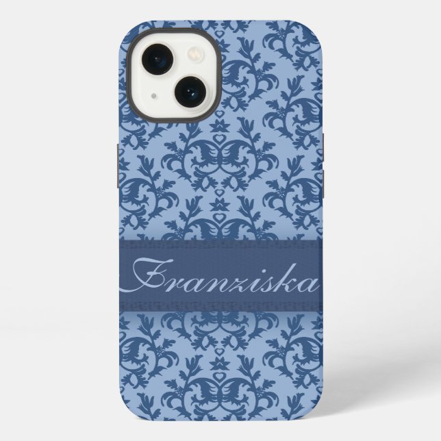 Coque iPhone Damassé botanique bleu foncé (Verso)