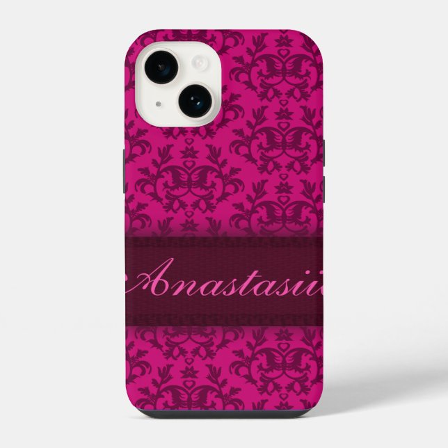 Coque iPhone Damassé botanique rose foncé nom  (Verso)