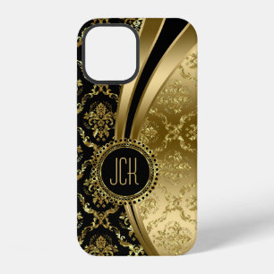 Coque iPhone 12 Damassé floral noir et or