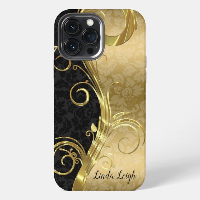 Coque iPhone Damassé noir et or (Verso)