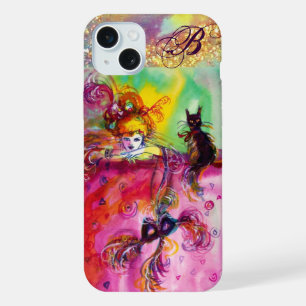 Coque iPhone 15 Plus DAME AU CHAT NOIR ET MASQUE Monogramme de Mascarad