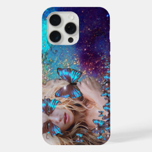 Coque iPhone 15 Pro Max DAME AU PAPILLON BLEU FLEURS D'OR ÉTOILES iPho