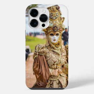 Coque Pour Pour iPhone 14 Pro Max Dame en costume et masque dorés