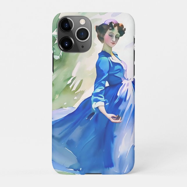 Coque iPhone Dame en Robe Bleue - Peinture aquarelle (Dos)