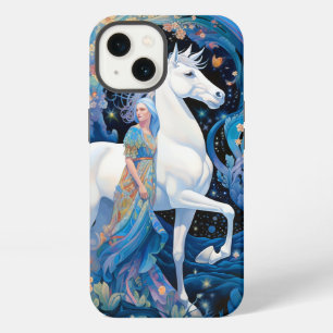 Etui iPhone 13 Dame et cheval blanc, art fantastique