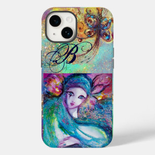 COQUE POUR iPhone 14 DAME MASQUE BLEU MASQUERADE VENITIEN MONOGRAMME