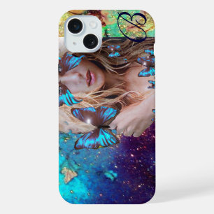 COQUE iPhone 15 PLUS DAME PAPILLON BLEU, MONOGRAMME PAILLÈTES OR ET TEA