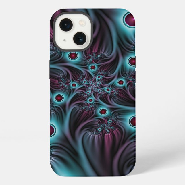 Coque iPhone Dans l'abstrait fractal bleu profond rose (Verso)