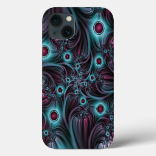 Etui iPhone 13 Dans l'abstrait fractal bleu profond rose Art