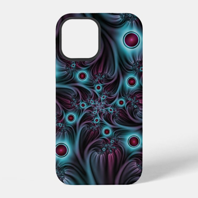 Coque iPhone Dans l'abstrait fractal bleu profond rose Art (Verso)