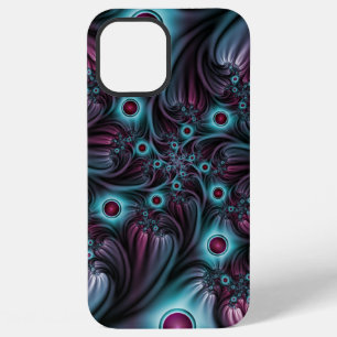 Coque iPhone 12 Pro Max Dans l'abstrait fractal bleu profond rose Art