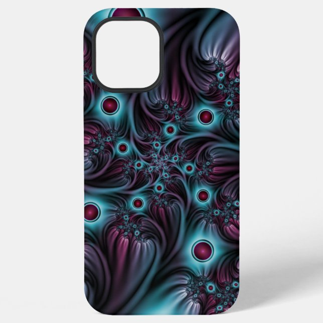 Coque iPhone Dans l'abstrait fractal bleu rose profond (Verso)