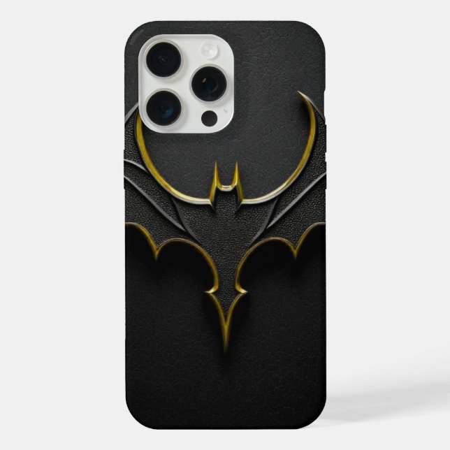 Coque iPhone ​Dark Knight Gold Bat Symbol on Black Leather Text (Verso)