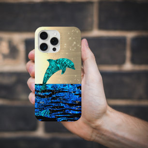 Coque iPhone 15 Pro Max Dauphin dans la mer, scintillant, monogrammé 