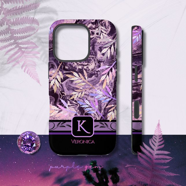 Coque iphone de Monogramme à la mode violet rose (Purple Pink Gemstone Trendy Monogram iPhone Case)