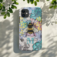 Coque iphone de monogramme de floraison d'abeille