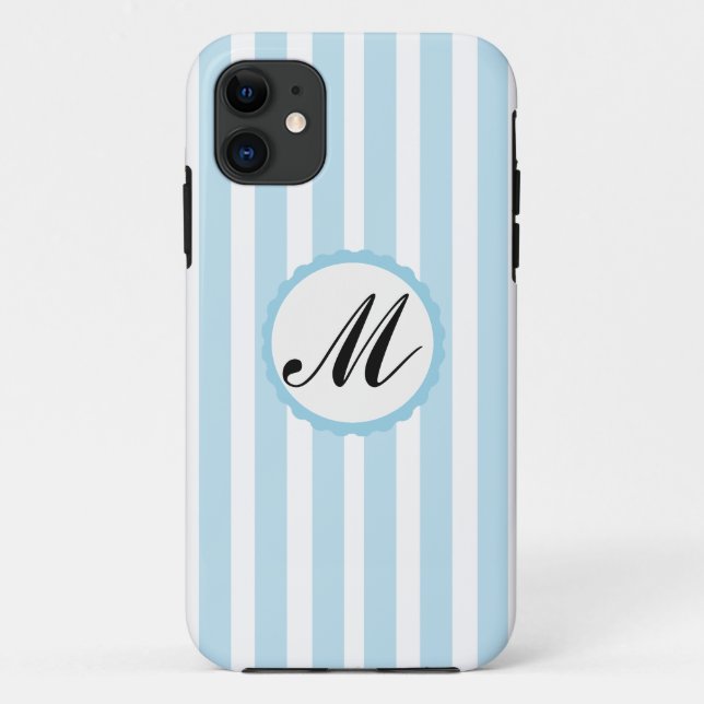 Coque iphone de monogramme personnalisé bleu rayé  (Dos)