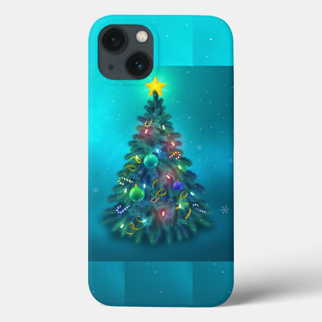 Coque iphone de Noël (Illustration of a Christmas tree with a yellow star on top, decorated with ornaments, candy canes.)