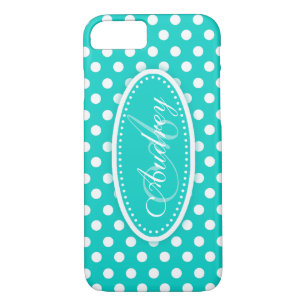 Coque iphone de nom d'aqua turquoise Polka dot