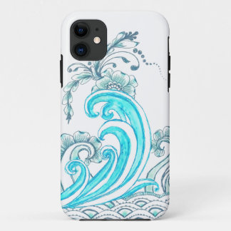 Coque iphone de vagues de Teal avec des fleurs